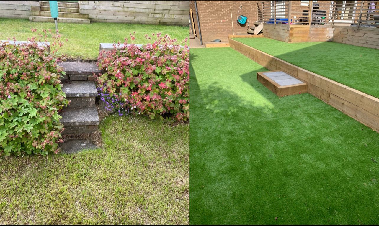 Before and after: a sloping lawn with steps, then the same garden with artificial grass on a sleeper-built raised level