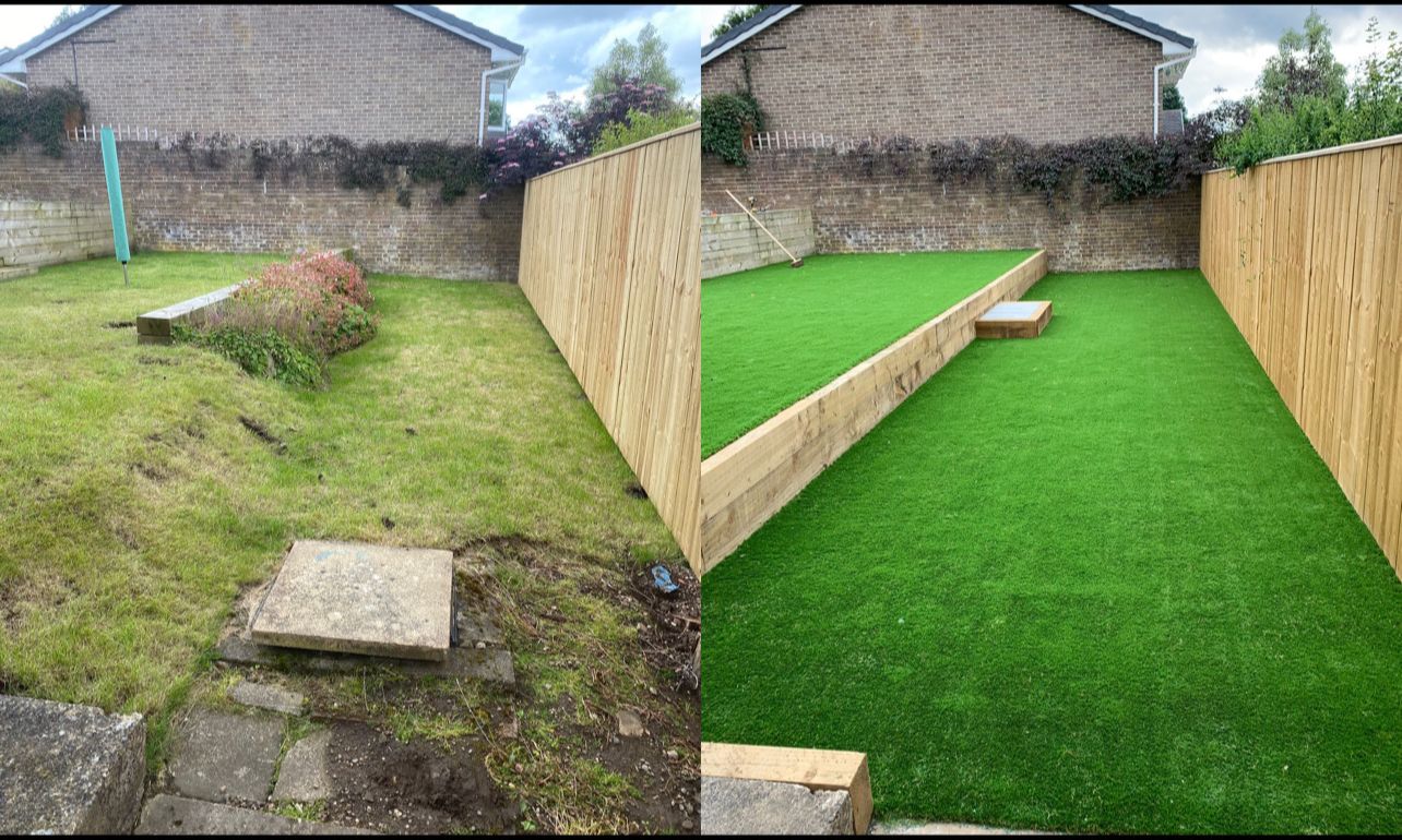 Before and after: a rough, patchy lawn, then the same garden with artificial grass, sleeper edging and a new closeboard fence